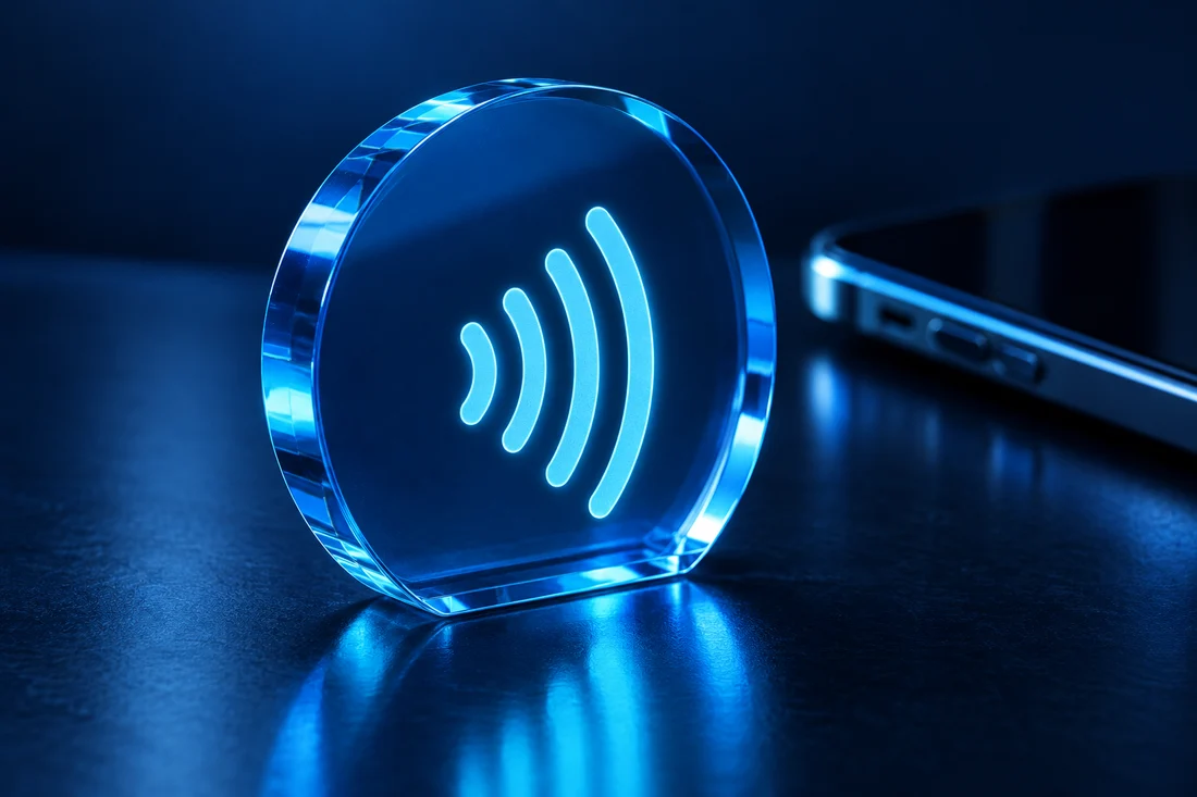 Detalhe de placa NFC em acrílico azul com iluminação ciano